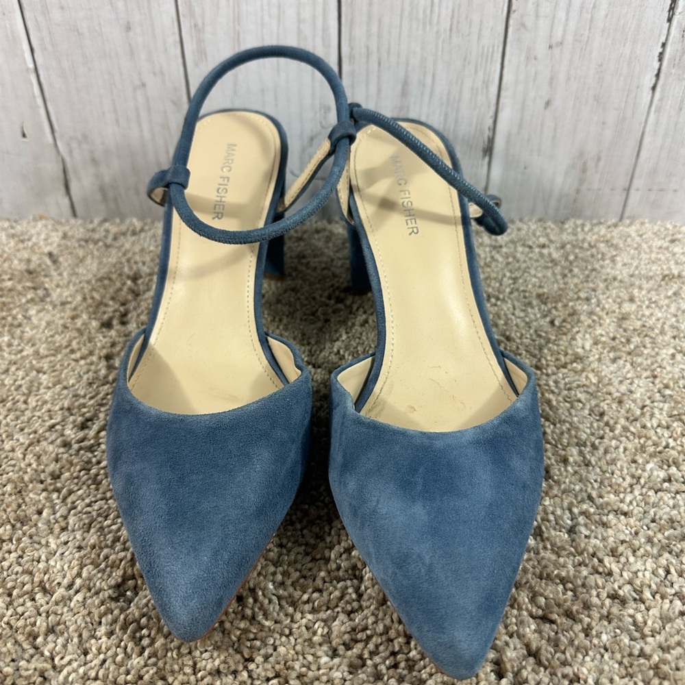 Marc Fisher Blue Suede Pointed Toe Slingback Block Heel Women's 8.5